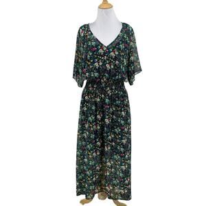 Cabi Dress Women S Small Fiesta Floral Midi Smocked Waist Sheer Sleeve 2 Pc Slip